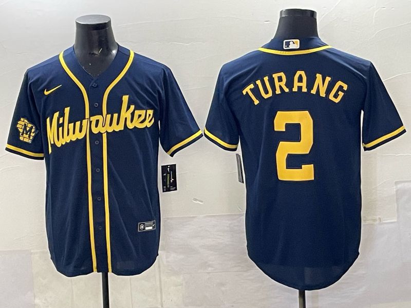 Men Milwaukee Brewers #2 Turang Drak Blue Nike MLB 2025 Jersey 04